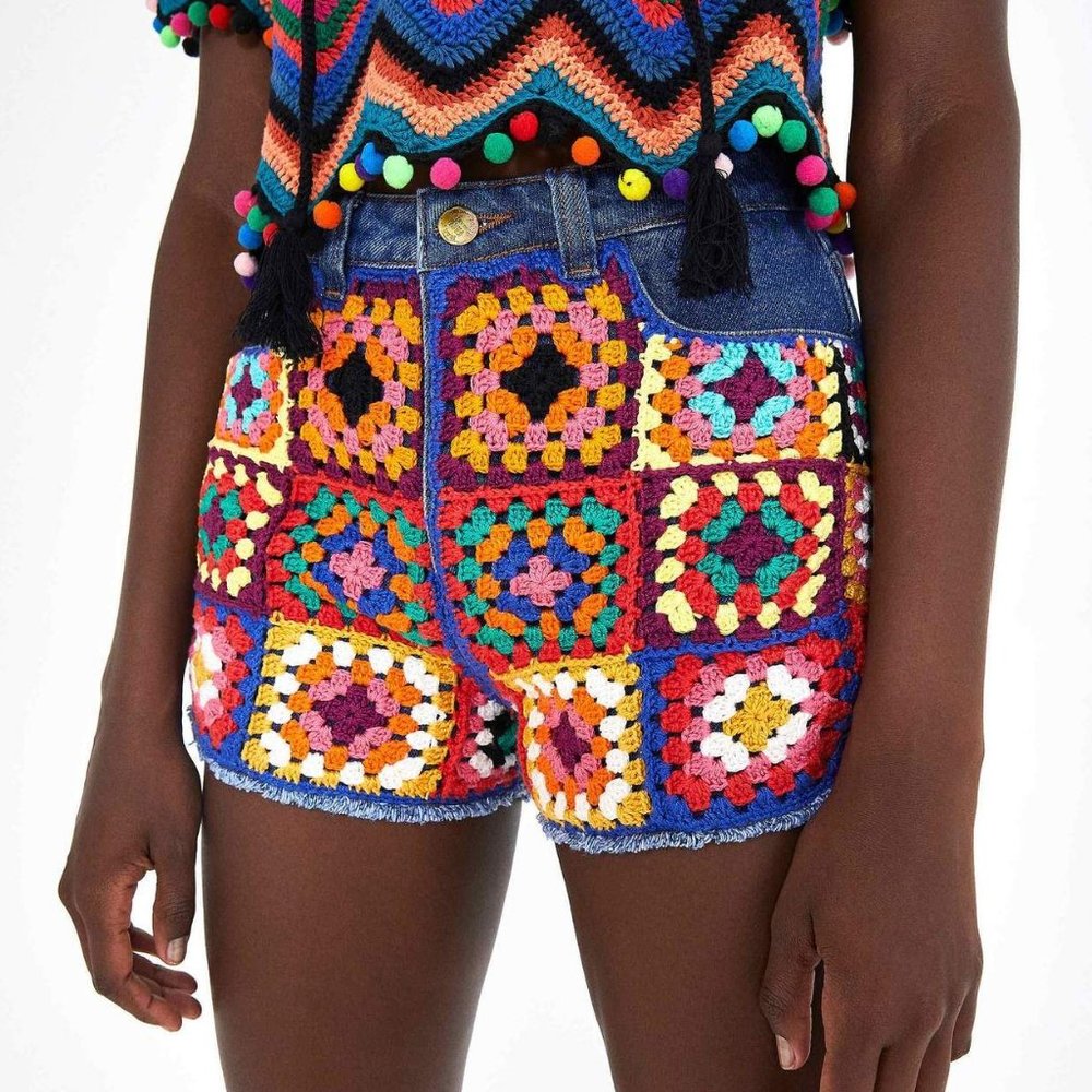 Farm Rio Crochet Square High Rise Denim Shorts Festival Summer Granny Square